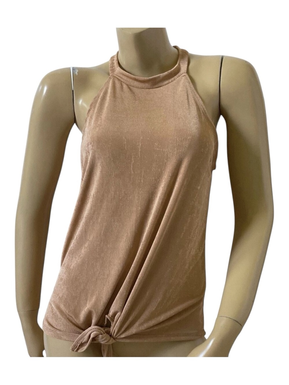 Gyft Tank Top Womens Petite PS Tan Metallic Shimmer Slinky Front Tie Sleeveless